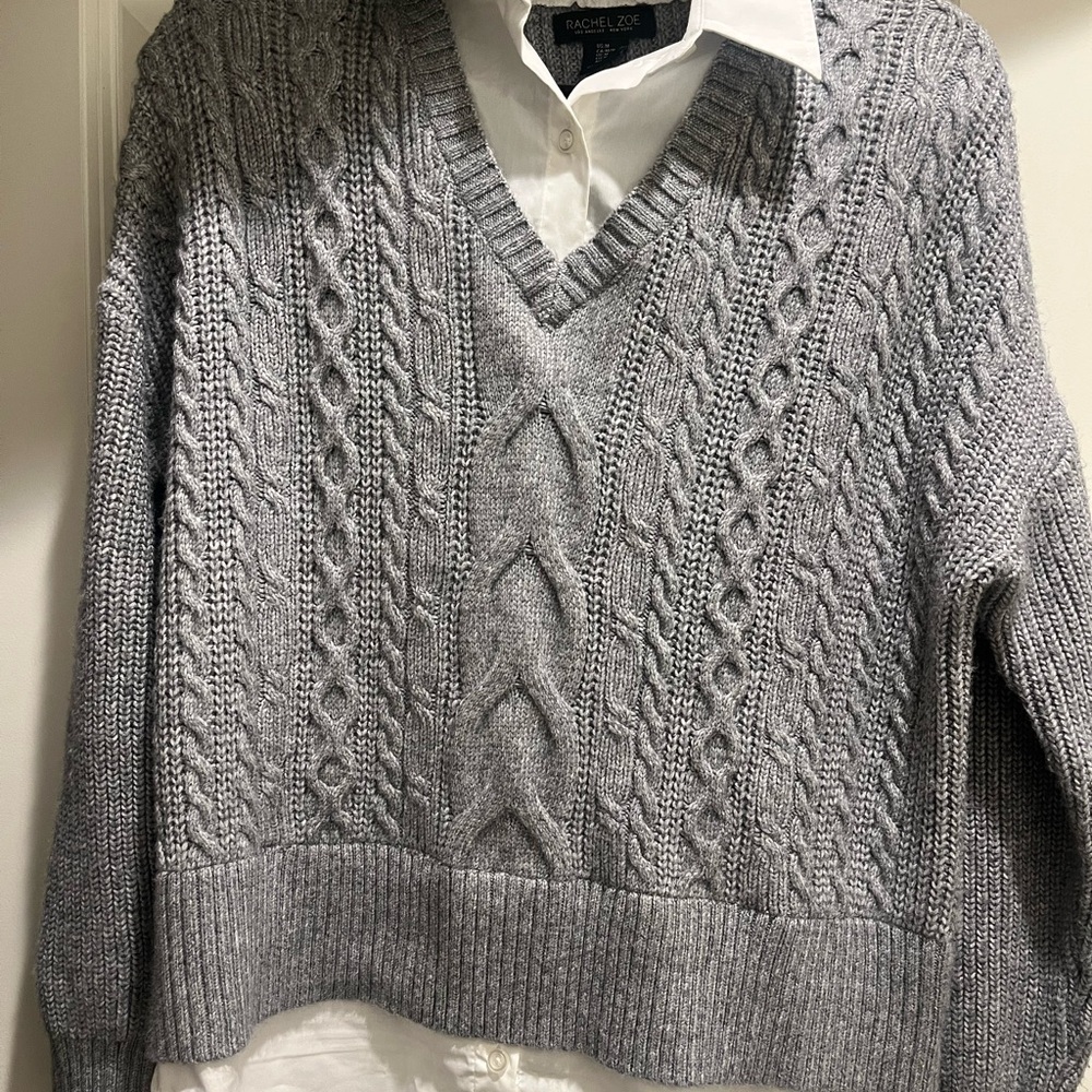 Rachel Zoe Men's V-Neck Cable Knit Sweater - Light Gray